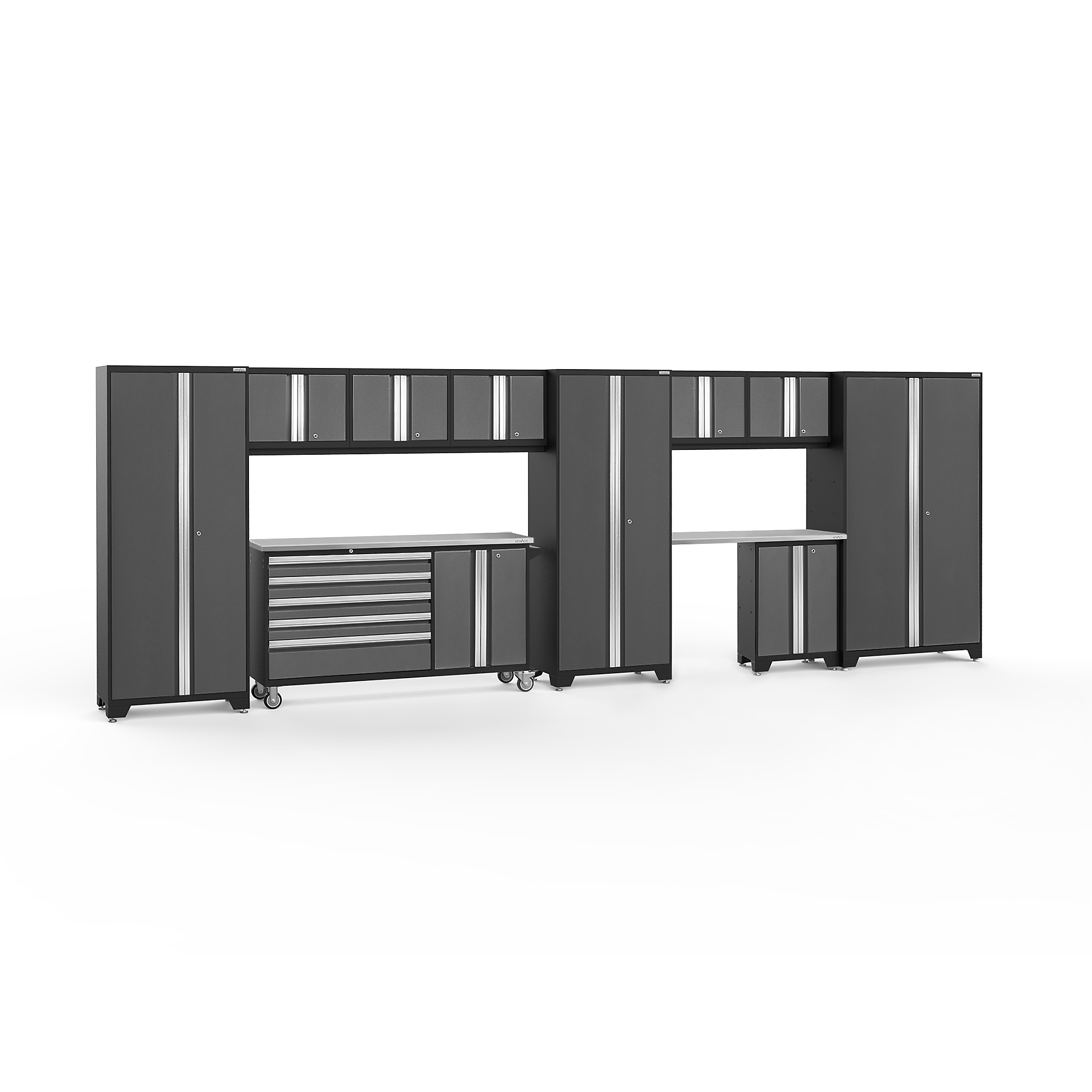 NewAge Products, Bold Series Gray 11-Pc. Steel Garage Cabinet Set, Width 222 in, Height 77.25 in, Depth 18 in, Model# 56104